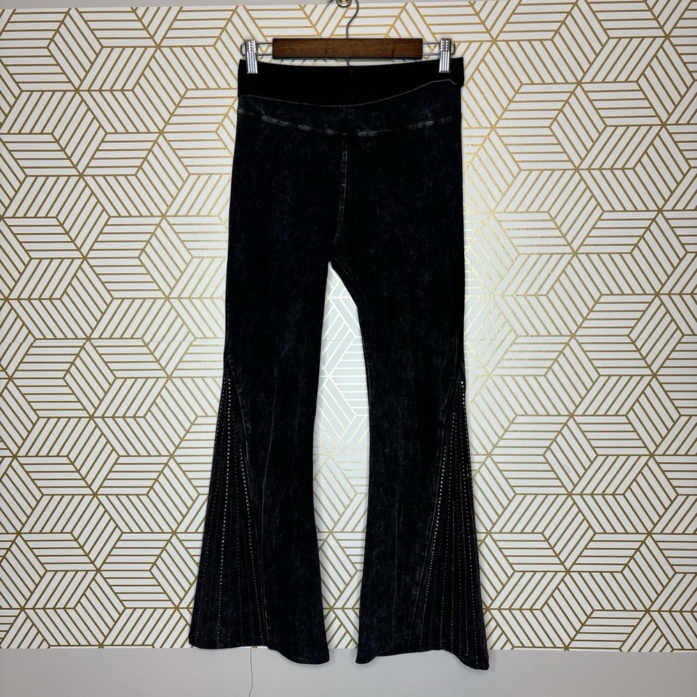 T-Party Fold Over Black Mineral Washed Bootcut Flare Yoga Pants Small Bling 90s